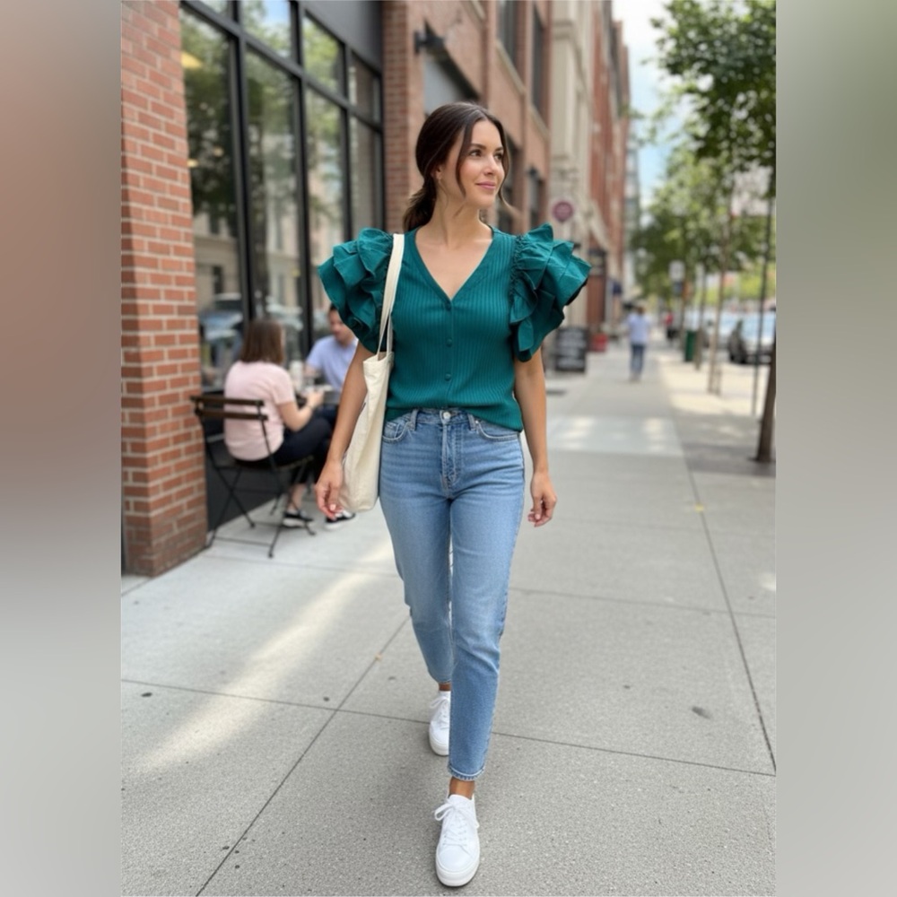 Marc New York Teal Ruffle Sleeve Blouse